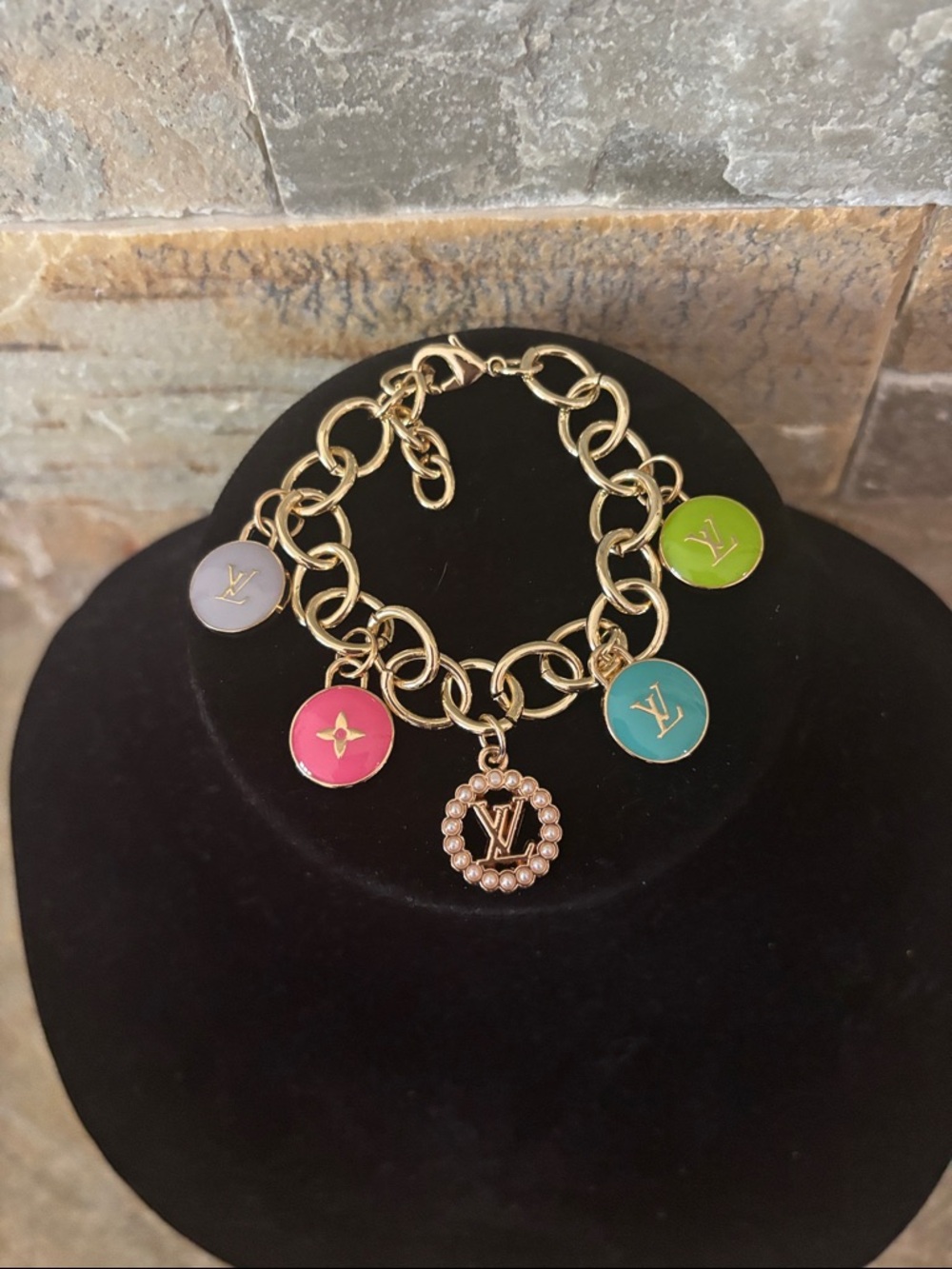 Gold-Tone Multicolor Charm Bracelet with LV skittle Pastel charms